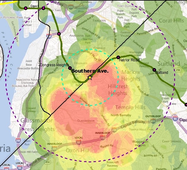 Heat map showing short-distance parking access at Forest Glen station, which will be incorporated into the next rail to bike planning effort (click for full map)
