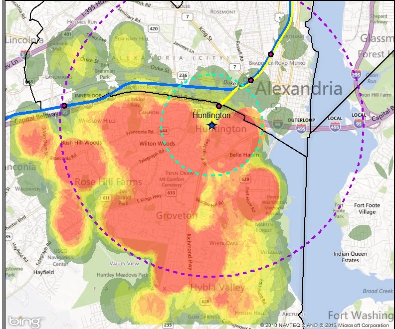 Heat map showing parking access within 1 mile and 3 miles at Huntington station, which may indicate good opportunities for pedestrian and bicycle improvements (click for full map)