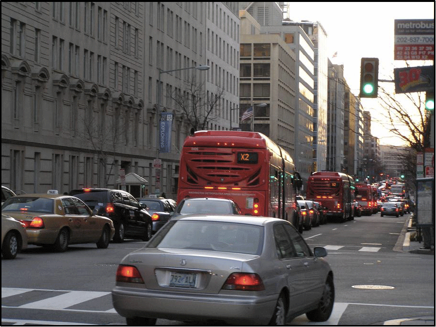 Congestion on I Street caused by bottleneck at 17th Street, creating long queues backing up to 15th Street.