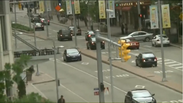 Video still showing Cleveland's center-running BRT, from the filming of Captain America, Winter Soldier.