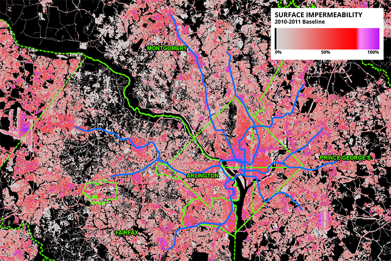 Figure 1 – Map of impermeability throughout the region with overlaid jurisdictional boundaries and Metrorail system for reference. Note the concentrations of highly-impermeable surfaces in central DC and at Dulles.