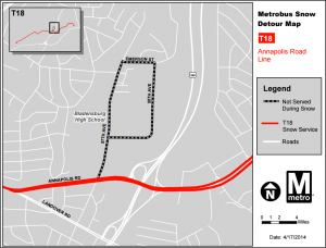 Example Snow Detour Map. Under Light, Moderate, and Severe Snow Levels, the T18 will not serve Bladensburg High School and will stay on Annapolis Rd.